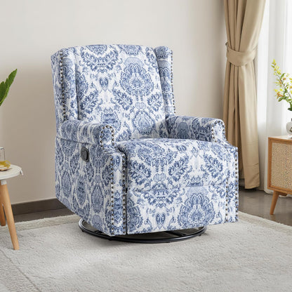 Swivel Rocker Recliner Chair, Manual Nursery Glider Recliner, Floral Fabric Wingback Accent Chair with Adjustable Backrest & Footrest for Small Spaces Living Room Bedroom (Plants Floral, Set of 1)