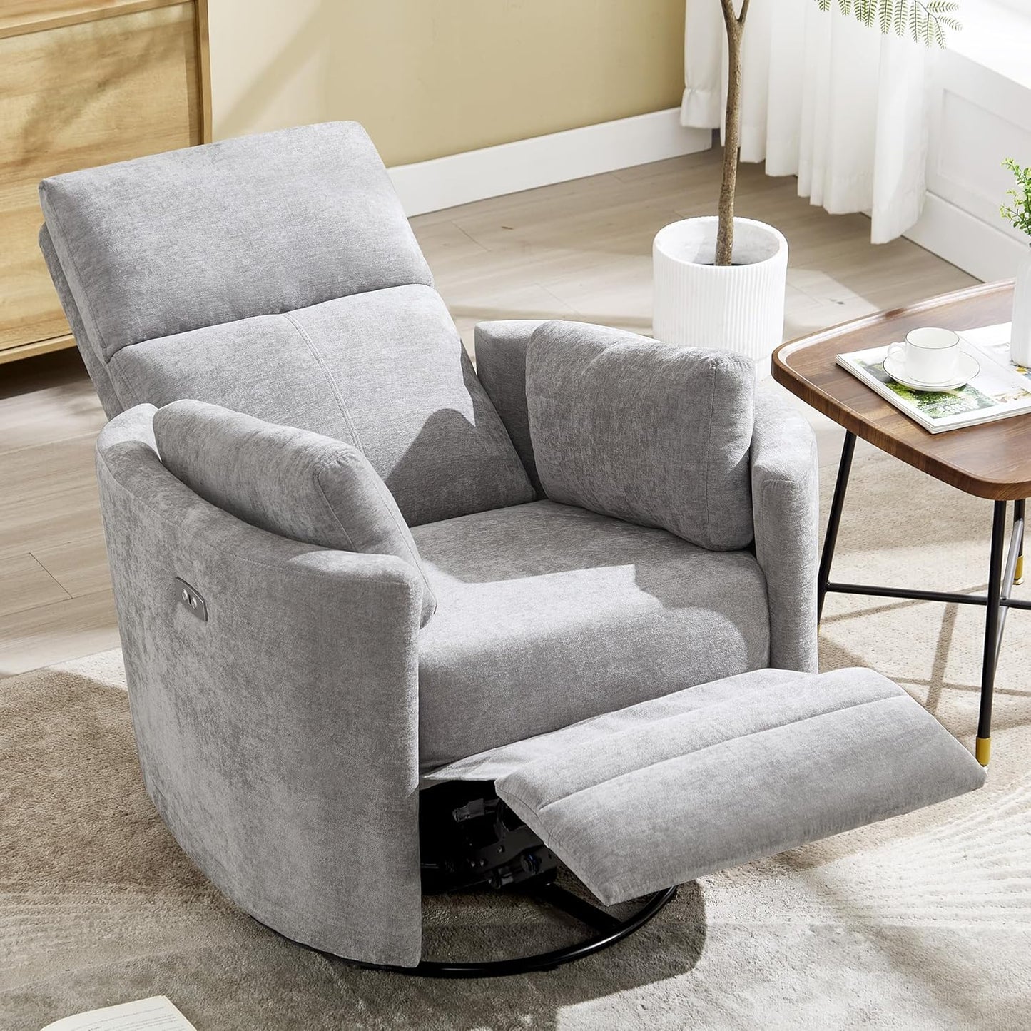 Power Recliner,Nursery Swivel Glider Rocking Chair with USB Port,Upholstered Adult Electric Recliner Rocking Chair with 2 Pillows for Living Room Bedroom (Beige Corduroy, Power-Driven)