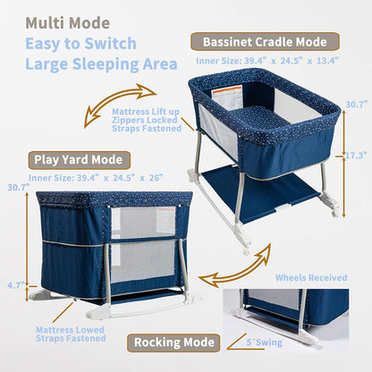 Multi Function Baby Crib Bedside Sleeper Newborn Rocking Bassinet for Infant and Toddler with Wheel Base Portable and Adjustable(Navy Blue)
