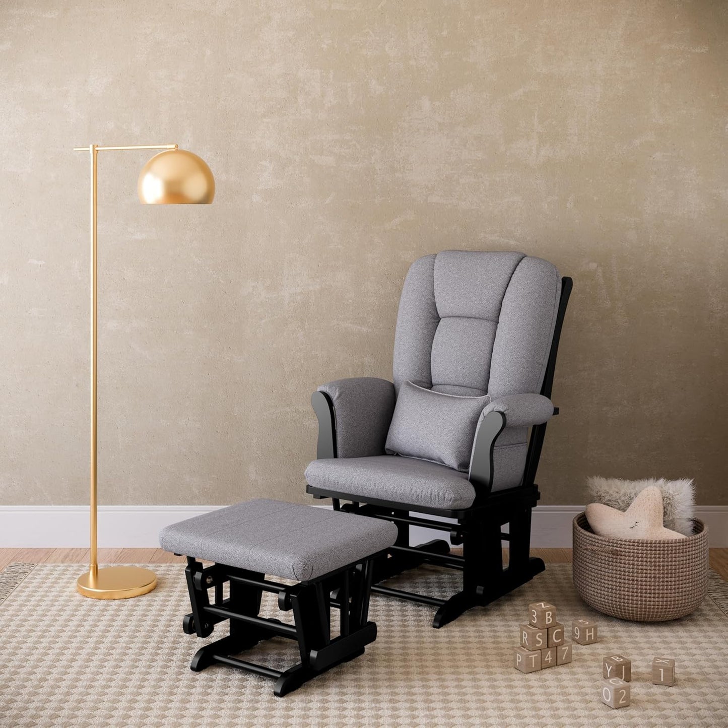 Storkcraft Tuscany Glider with Ottoman (Black/Gray) — GREENGUARD Gold Certified, Bonus Lumbar Cushion Included, Solid Wood Base, Smooth Motion, Award-Winning Nursery Rocking Chair, Glider and Ottoman