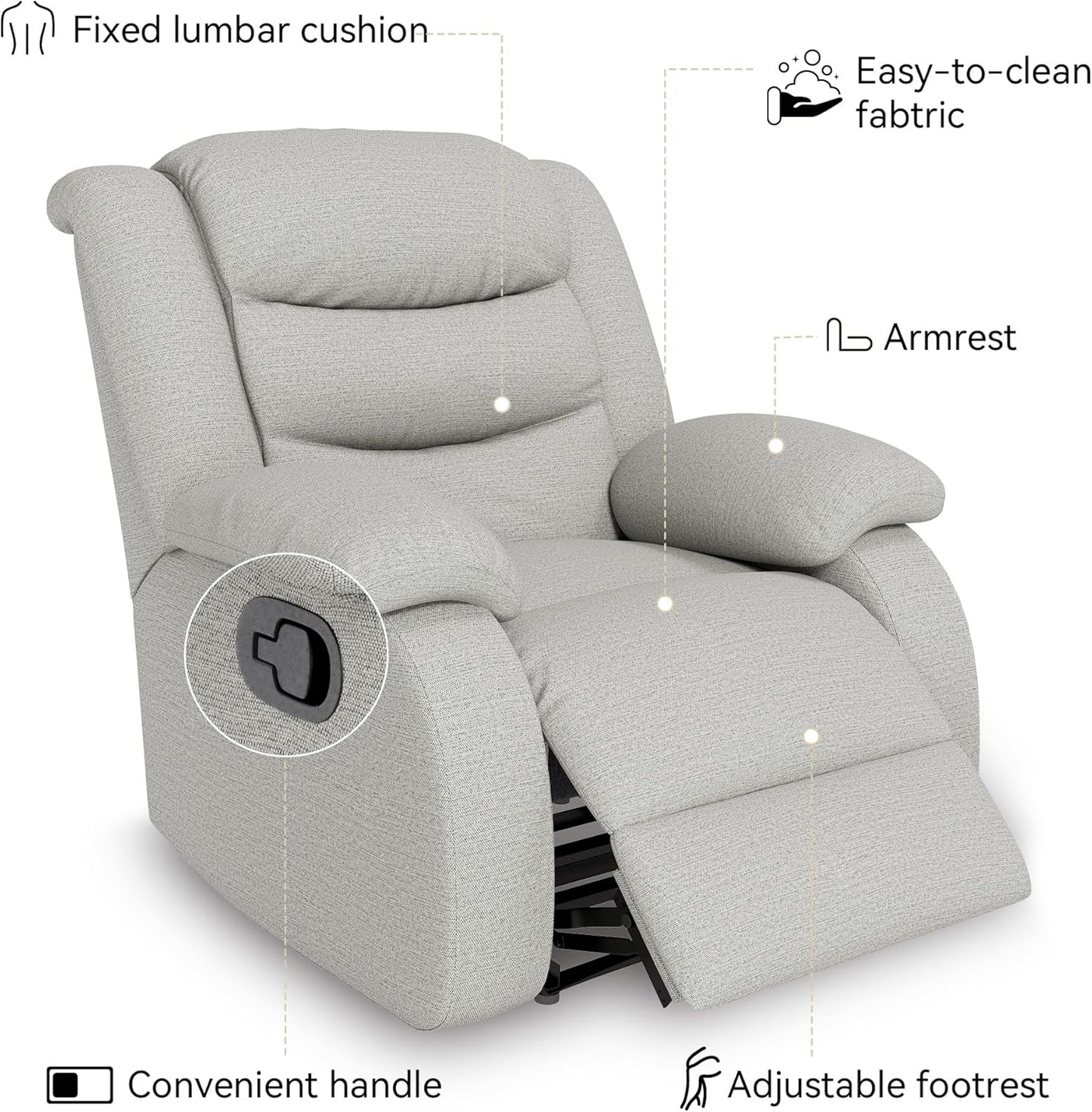 Power Swivel Rocker Recliner,Fabric Glider Recliner Nursery Chair,Small Rocking Chair,Single Reclining Sofa with Lumbar Support,USB&Type-C Ports,Living Room Home Threater Seat, Flint Grey