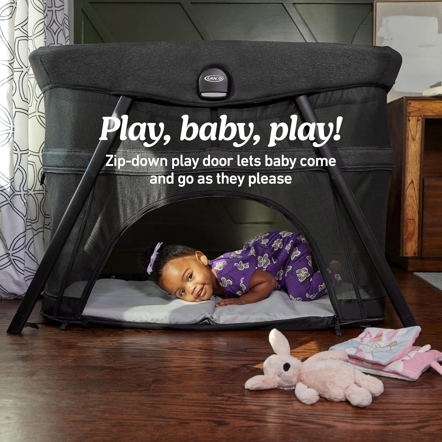 Graco® Lite Traveler 4 in 1 Playard with 4 Modes, Bedside Bassinet, Toddler Playpen, Free Play and Slumber Tent Mode, Lightweight Portable Playard with Canopy and Carry Bag