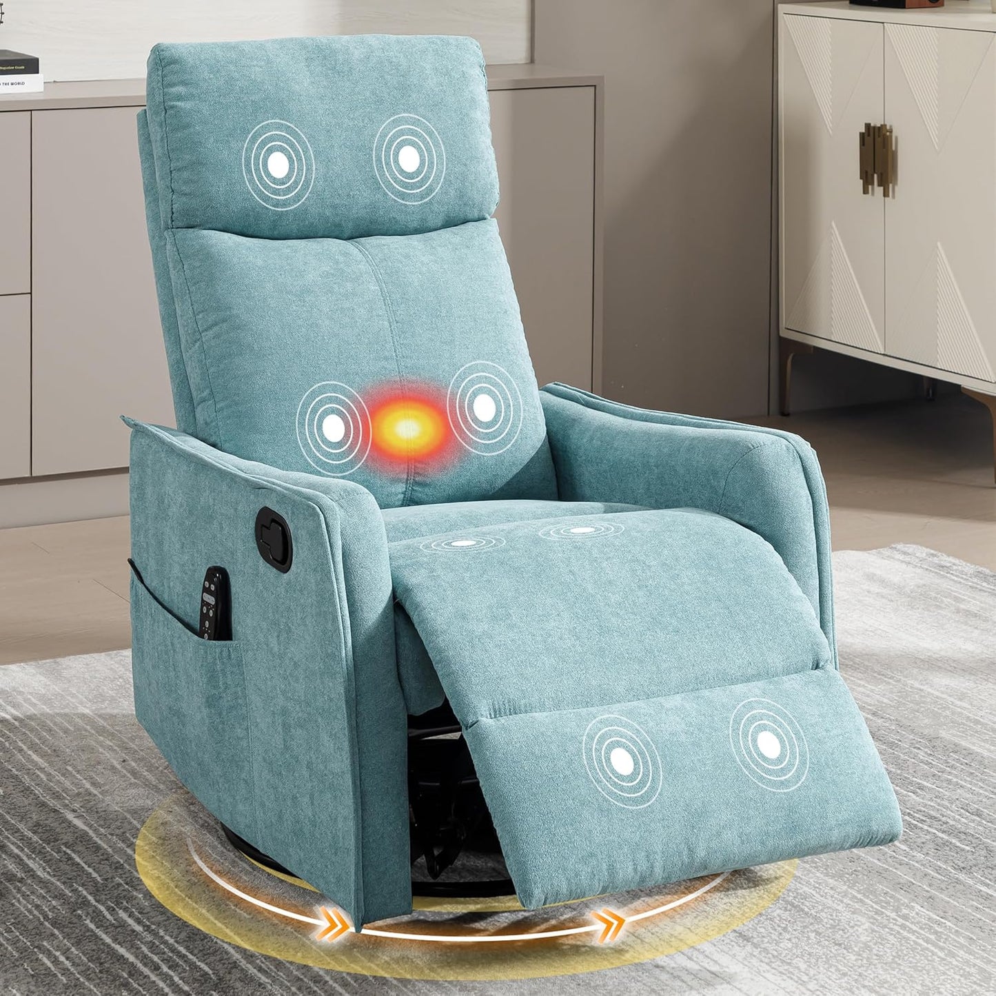 Manual 360° Swivel Rocker Recliner Chair for Adults, Overstuffed Glider Chair for Nursery with Vibration Massage and Heat, Comfy Soft Fabric Glider with Side Pockets for Living Room, Beige