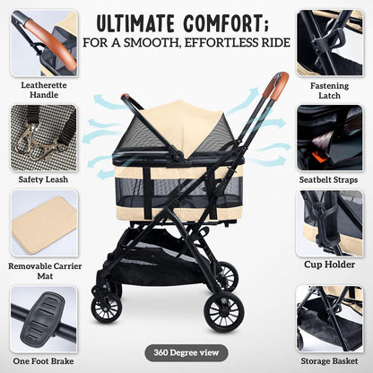 Pet Stroller with Detachable Carrier - Ideal for Small to Medium Dogs & Cats - Compact & Convenient Design - Easy Assembly Pet Stroller for Cats, Dog Strollers for Small Dogs - Bisque Beige