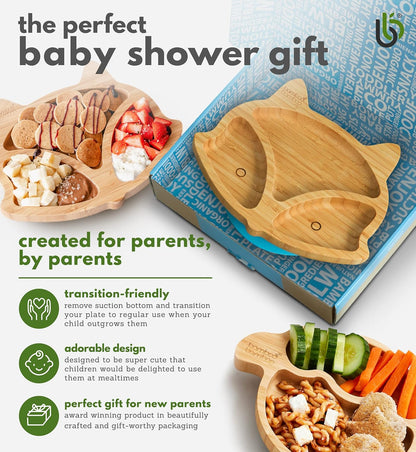 bamboo bamboo Baby and Toddler Plate for Feeding and Weaning, Bamboo Fox Plate with Secure Suction Cup for Babies from 6 Months (Fox, Pink)