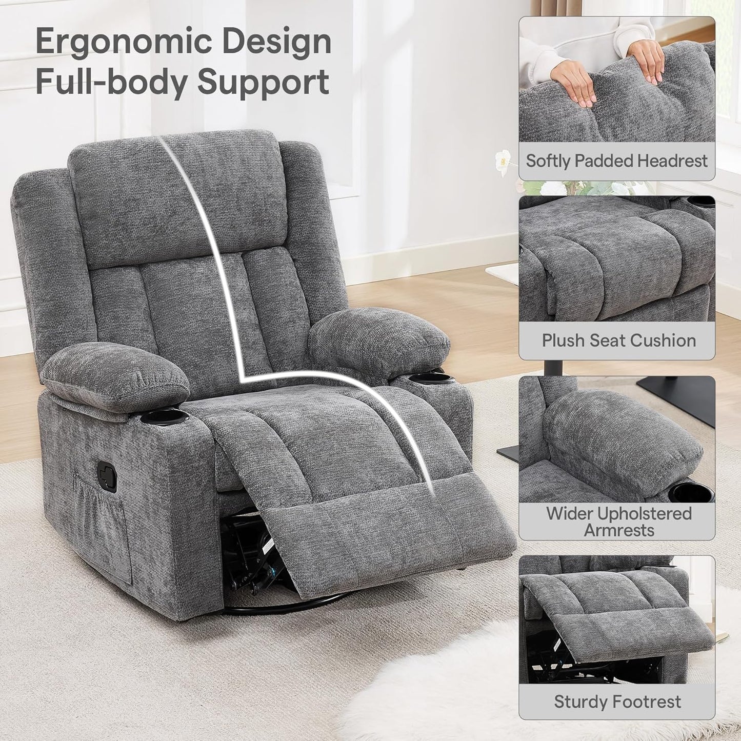 Swivel Rocker Recliner Chair, Lazy Boy Recliner with Cup Holders, 360 Degree Rotating Nursery Rocking Chair, Manual Glider Recliner for Living Room (1, Yellow)