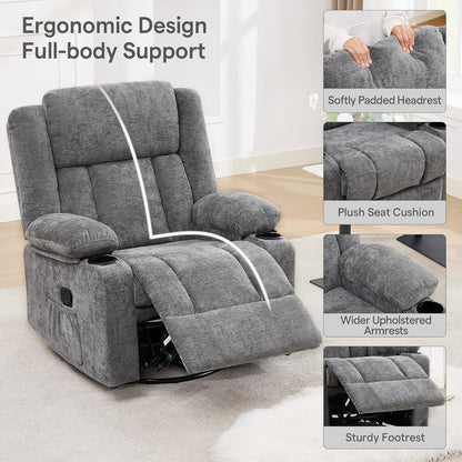 Swivel Rocker Recliner Chair, Lazy Boy Recliner with Cup Holders, 360 Degree Rotating Nursery Rocking Chair, Manual Glider Recliner for Living Room (1, Yellow)