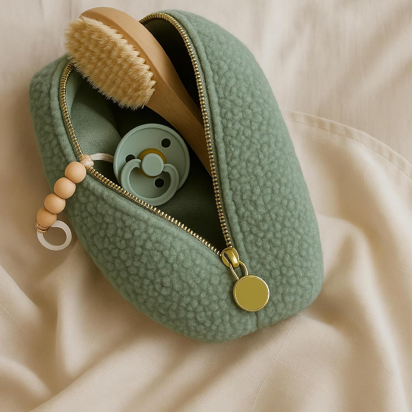 Orelle Bouclé Diaper Caddy Organizer with Matching Pouch & Moon Pendant | Teddy Portable Changing Table Organizer | Must-Have Baby Shower Gifts | Cream
