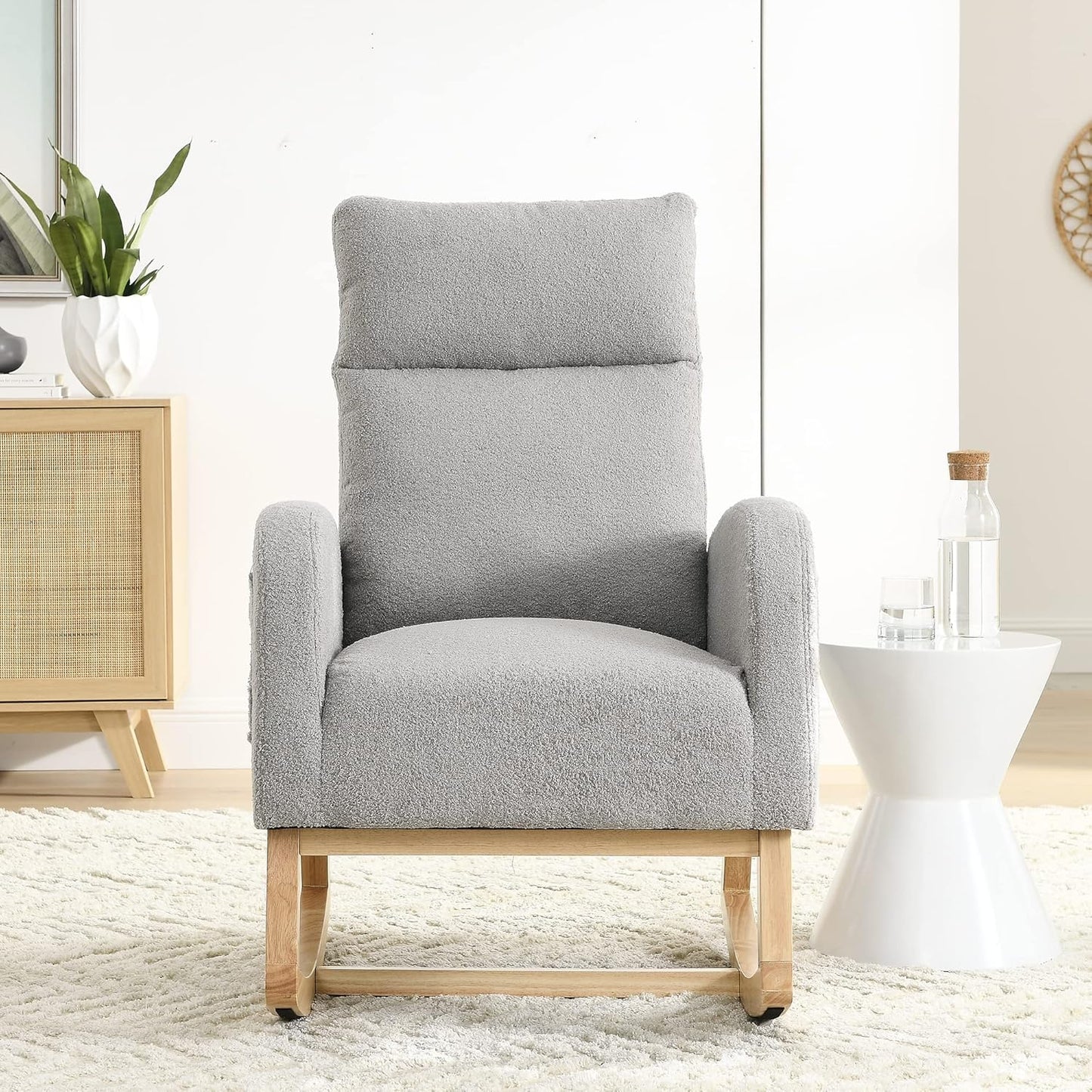 Nursery Rocking Chair with Solid Wood Legs, Glider Chair for Nursery with Two Side Pockets, Rocker Armchair for Living Room Bedroom (Ivory White, Teddy Fabric)