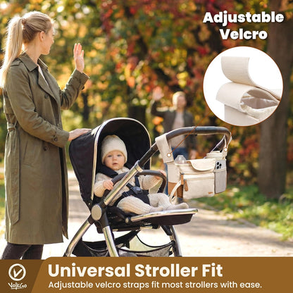 V VOLKGO Stroller Caddy with Cup Holder - Stroller Organizer Bag for Baby Travel Gear, Baby Bottle Organizer & Baby Diaper Caddy | Insulated XL 40oz, Detachable Wristlet, Premium Canvas & Natural Cork