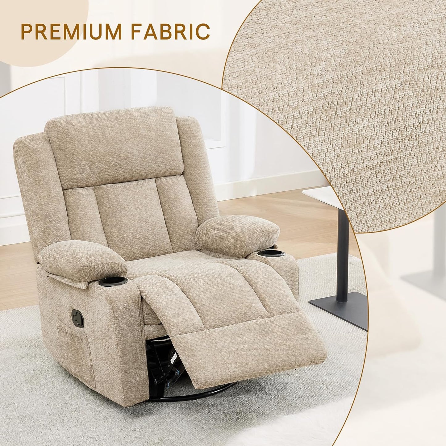 Swivel Rocker Recliner Chair, Lazy Boy Recliner with Cup Holders, 360 Degree Rotating Nursery Rocking Chair, Manual Glider Recliner for Living Room (1, Yellow)