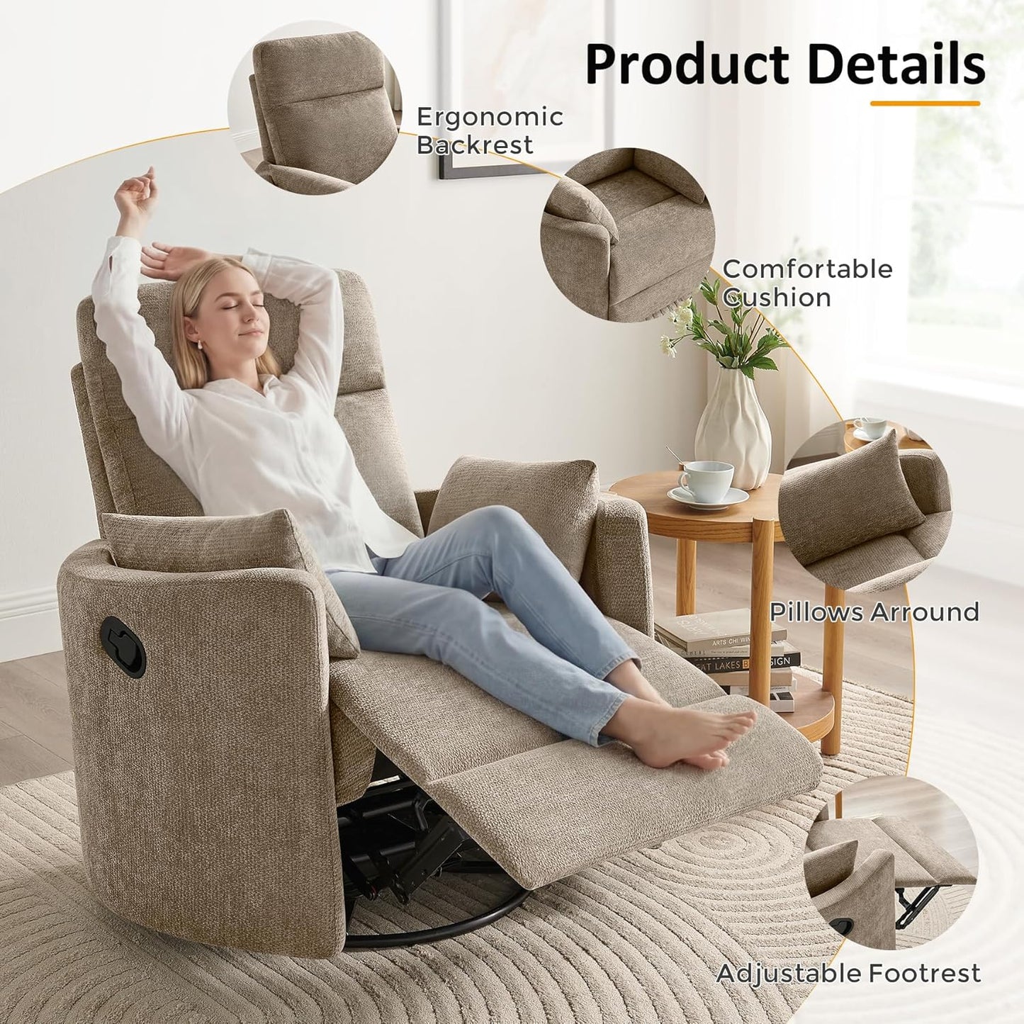 Nursery Rocking Chair, Oversized 360° Swivel Glider Recliner Chair, Upholstered Nursery Rocker with 2 Pillows and Footrest, Cozy Reclining Sofa for Living Room, Bedroom, Nursing, Olive