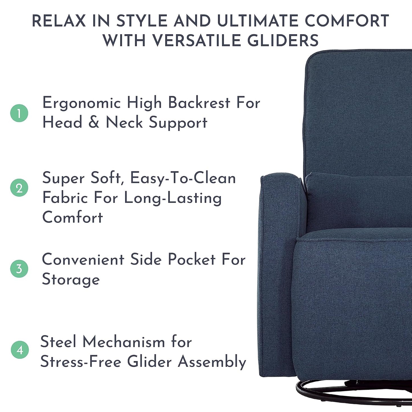 Evolur Holland Upholstered Plush Seating Glider Swivel, Glider Chair for Nursery in Harbor, Modern Nursery Glider, Tool-Free Assembly, Easy to Clean, Environmentally Conscious Glider