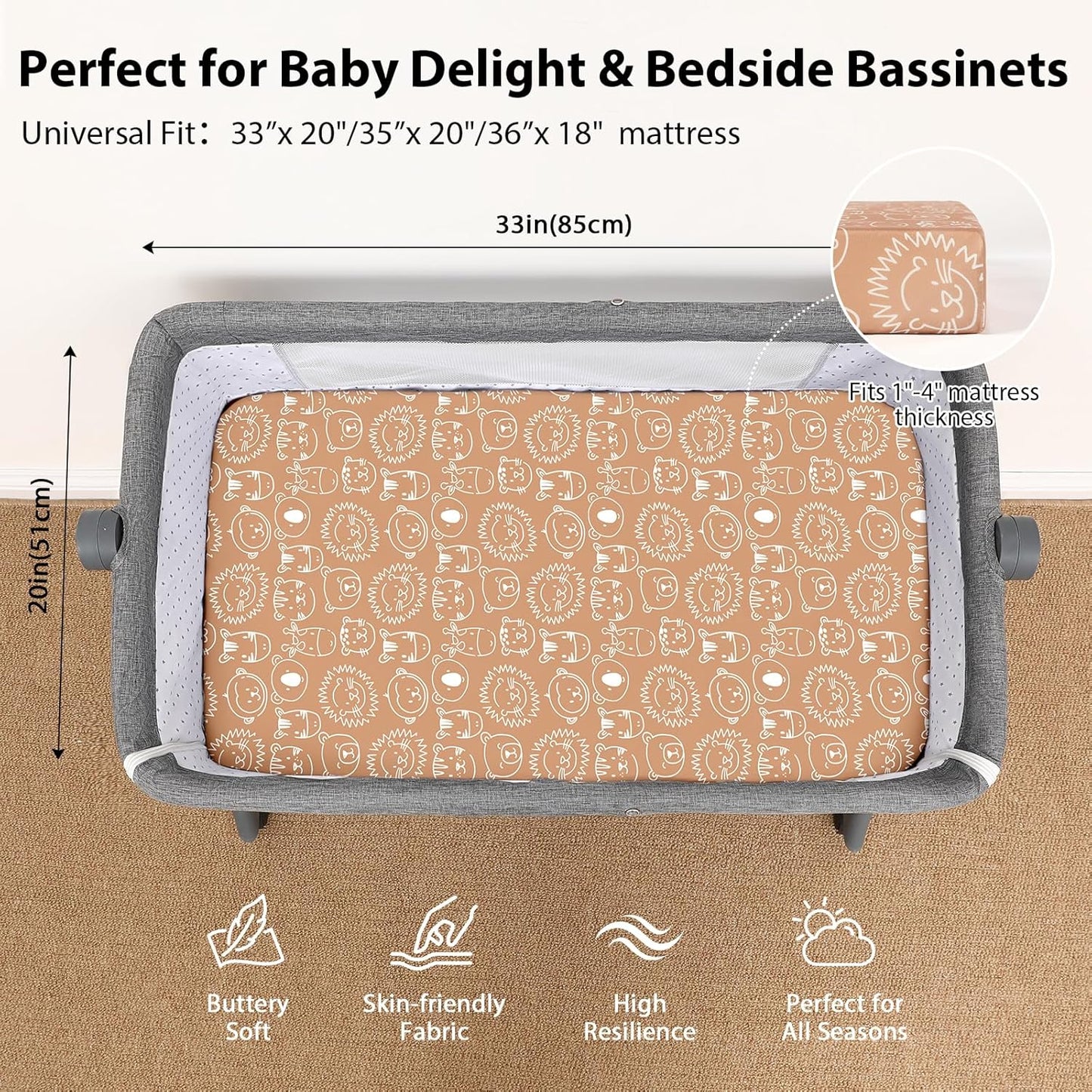 Baby Bedside Bassinet Sheets Girl, 33”x20” Compatible with Baby Delight Dream On Me & Most Rectangle Bedside Sleeper Bassinet Mattress, Super Soft Microfiber Pink Butterfly Flower