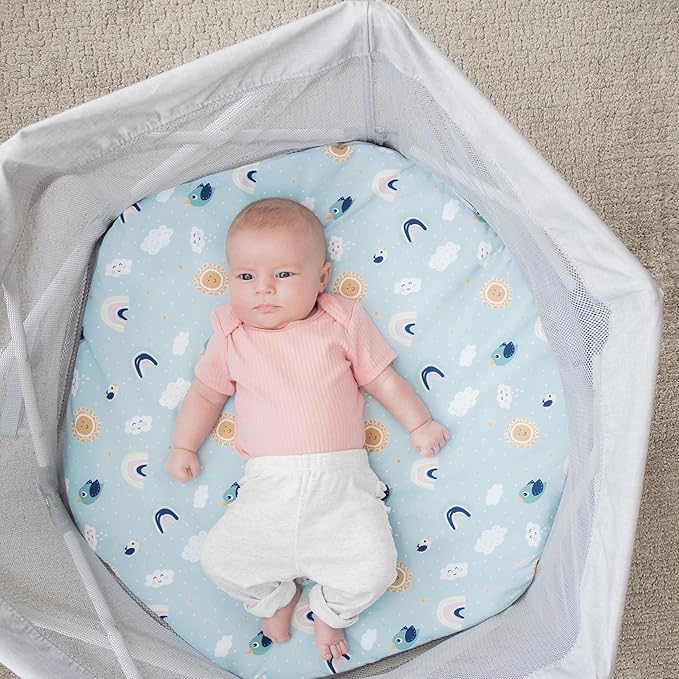 My Play Baby Portable Infant Bassinet, Indoor Outdoor UPF 50+ Canopy, Mesh Sides, 29x14 Inches, Foldable Travel Playard with Toys, Padded Base, Newborn to 15 Pounds