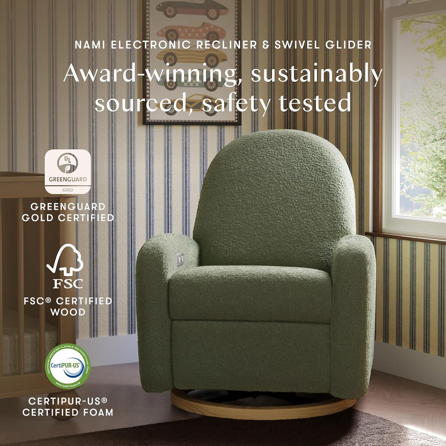 Babyletto Nami Electronic Power Recliner and Swivel Glider with USB Port in Ivory Boucle with Light Wood Base, Greenguard Gold and CertiPUR-US Certified