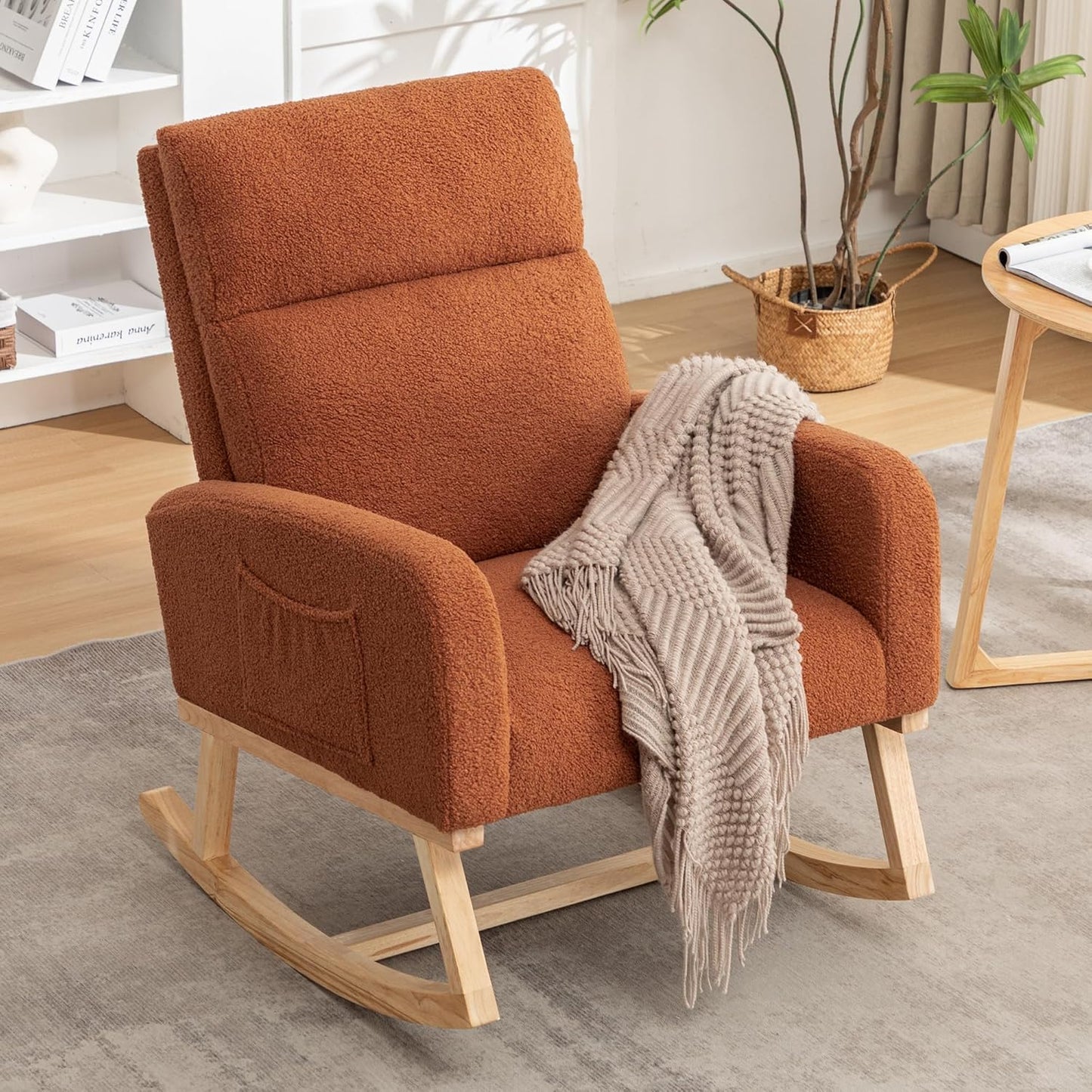 Rocking Chair Nursery, Upholstered Nursing Rocker Chair for Mom with High Backrest and Side Pockets for Bedroom Living Room, Beige