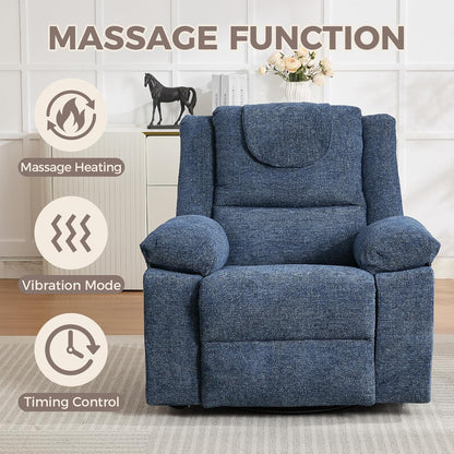 Adults Oversized Rocking Nursery Glider Recliner Chair,360° Swivel Rock Recliner Chairs Single Sofa with Vibration Massage and Heating for Living Room/Bedroom,Blue