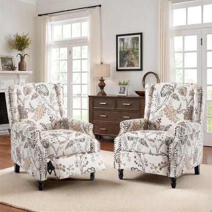 Swivel Rocker Recliner Chair, Manual Nursery Glider Recliner, Floral Fabric Wingback Accent Chair with Adjustable Backrest & Footrest for Small Spaces Living Room Bedroom (Plants Floral, Set of 1)