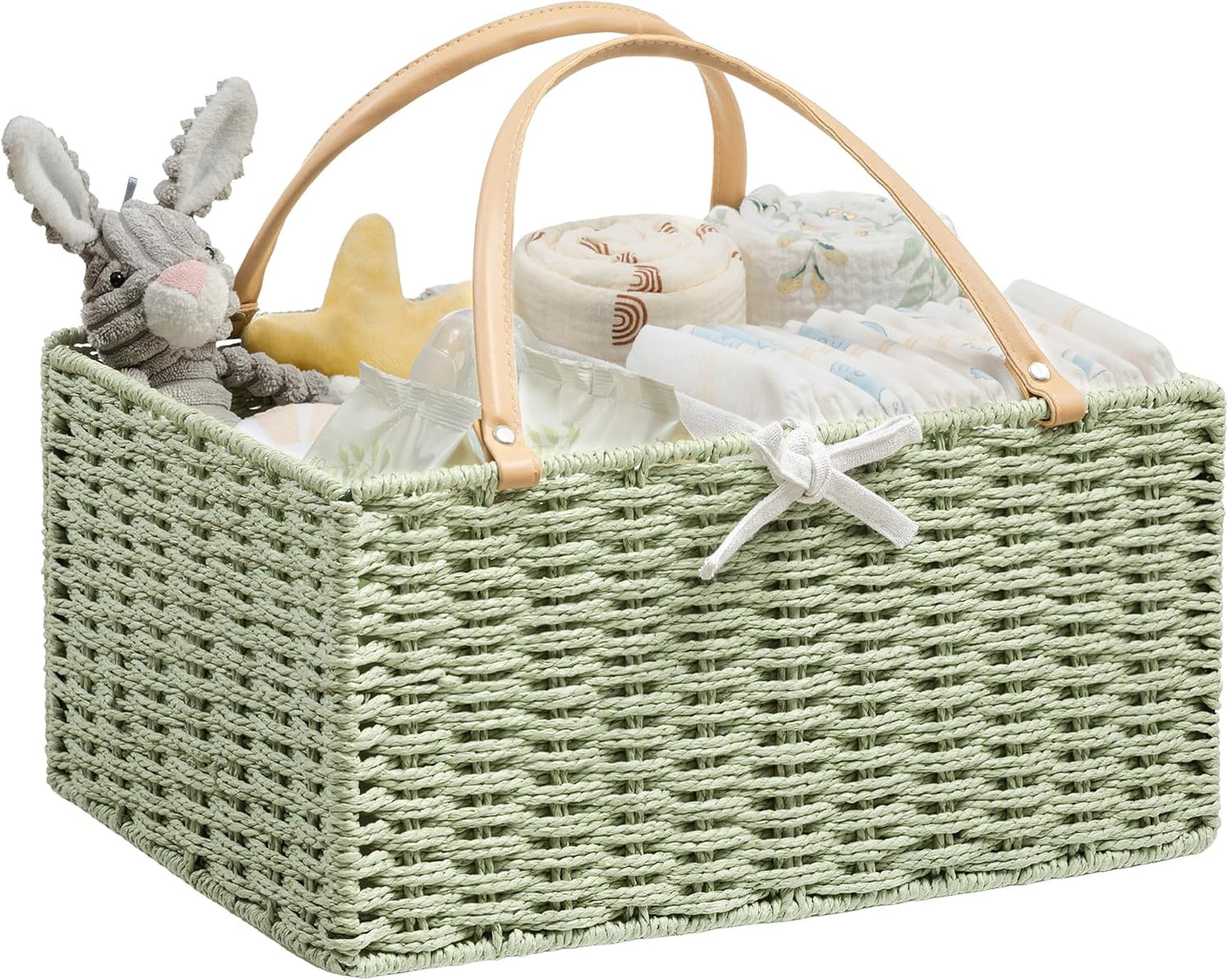 Angelhood Large Paper Rope Diaper Caddy, Baby Essentials Organizer, Portable Baby Shower Baskets Gift Bin, Car Storage Bag for Nursery