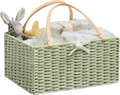 Angelhood Large Paper Rope Diaper Caddy, Baby Essentials Organizer, Portable Baby Shower Baskets Gift Bin, Car Storage Bag for Nursery