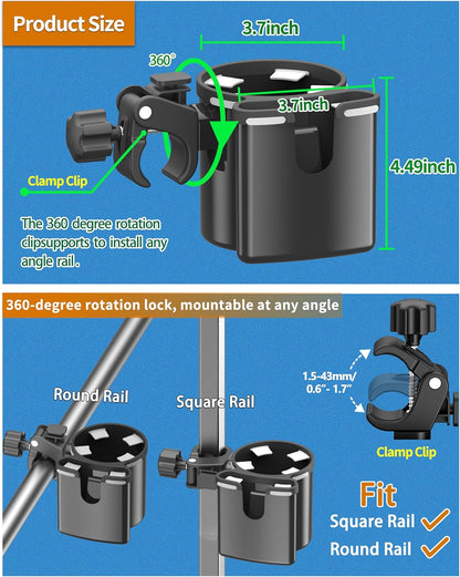 Universal Clamp-on 2-in-1 Cup Holder & Phone Holder for Stroller, Walker, Wheelchair, Fits 12oz-40oz Drinks, Multifunctional Storage Organizer