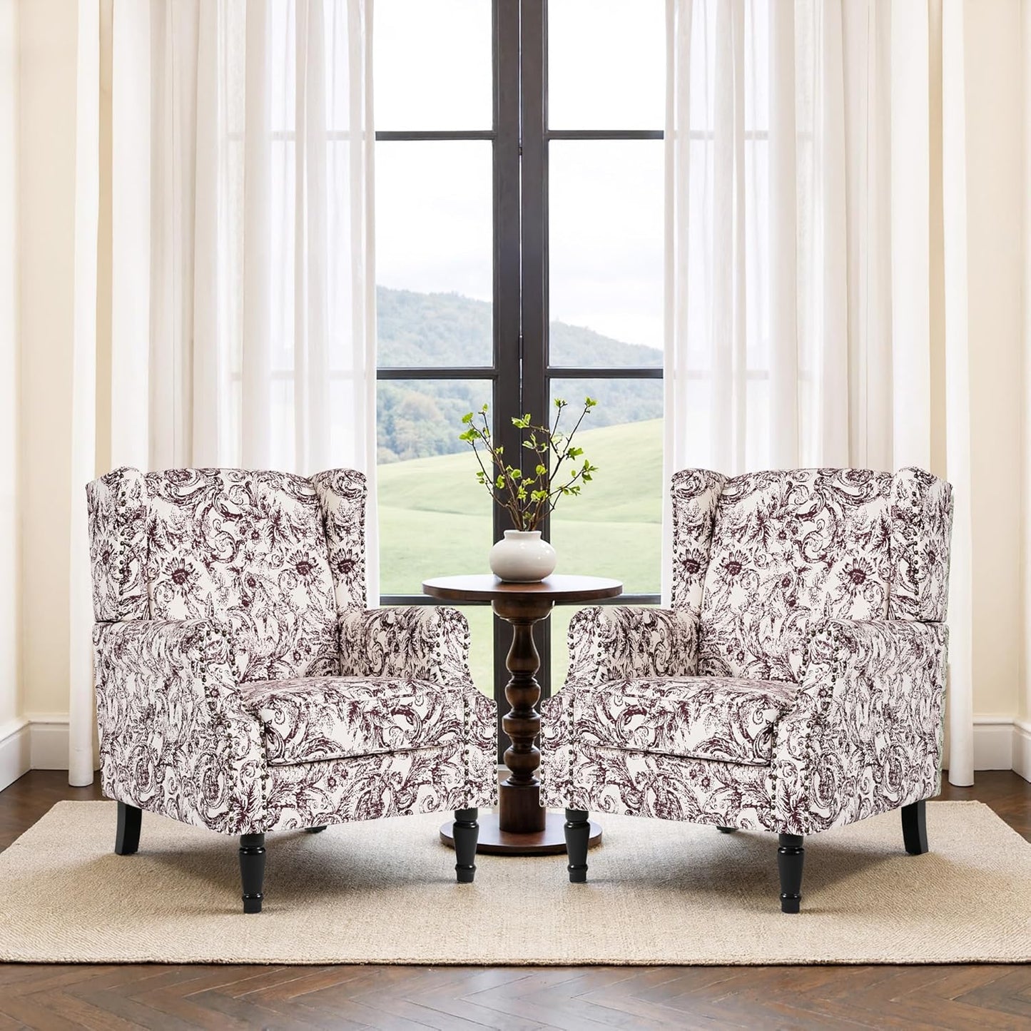 Swivel Rocker Recliner Chair, Manual Nursery Glider Recliner, Floral Fabric Wingback Accent Chair with Adjustable Backrest & Footrest for Small Spaces Living Room Bedroom (Plants Floral, Set of 1)