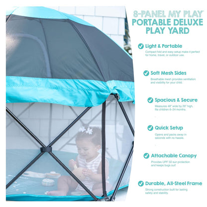 Regalo Safety My Play Deluxe Baby Playpen & Portable Play Yard with Canopy, Foldable 6-Panel Indoor Outdoor Playpen for Babies & Toddlers, Mesh Sides, Washable Nylon Bottom, 48", Aqua/Black
