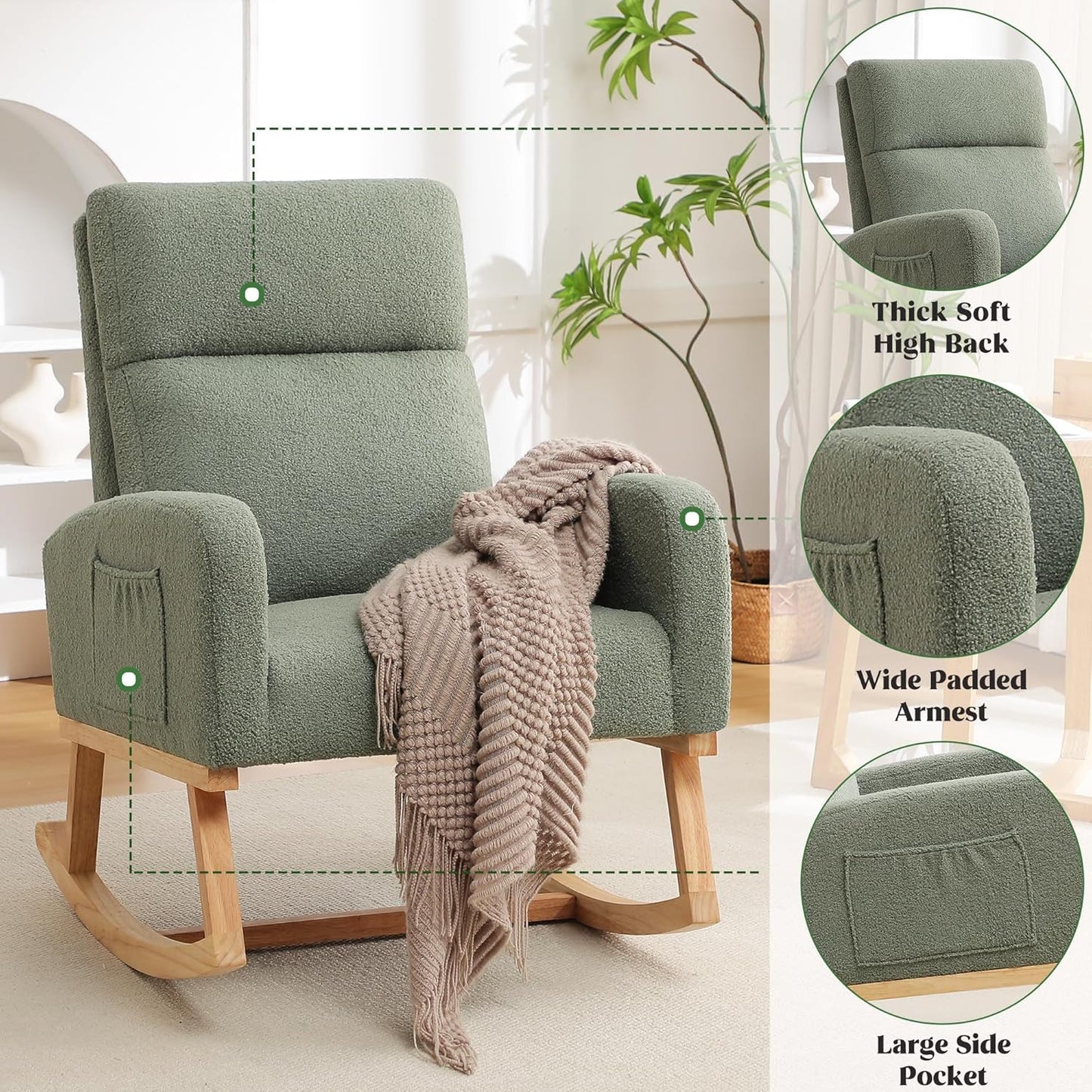 HCHAIRH Rocking Chair Nursery, Upholstered Fabricr Nursing Rocking Chairs with Soft High Back, Modern Nursery Glider Rocker for Mom Living Room, Bedroom, Camel