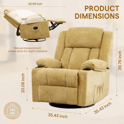 Swivel Rocker Recliner Chair, Lazy Boy Recliner with Cup Holders, 360 Degree Rotating Nursery Rocking Chair, Manual Glider Recliner for Living Room (1, Yellow)