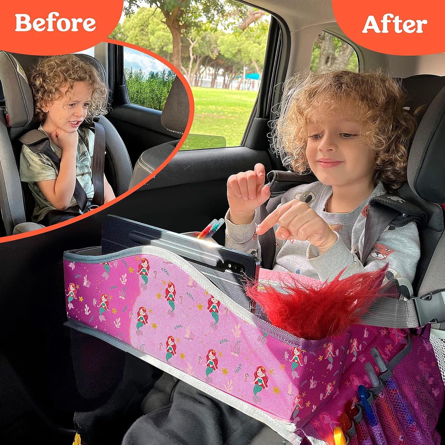 PILLANI Kids Travel Tray for Car Seat - Carseat Tray w/ iPad Holder & Dry Erase Board, Road Trip Activities - Toddler Lap Desk Organizer for Airplane - Roadtrip & Travel Essentials - Pack of 2, Pink