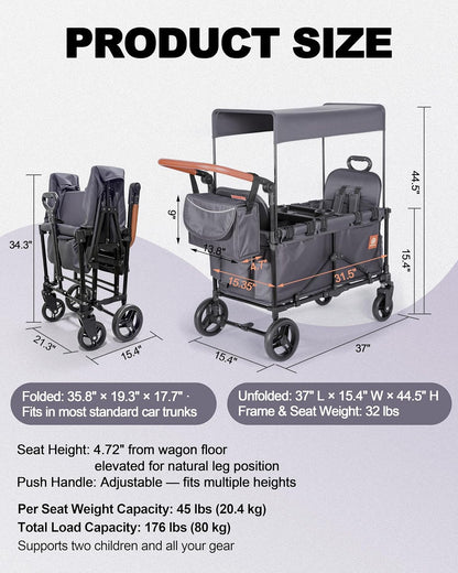 2-in-1 Wagon Stroller for Two Kids – Foldable Push & Pull All‑Terrain Wagon with Canopy, 5‑Point Harnesses, 2-in-1 Storage Bag (Converts to Shoulder Bag), Lightweight, Compact – Black