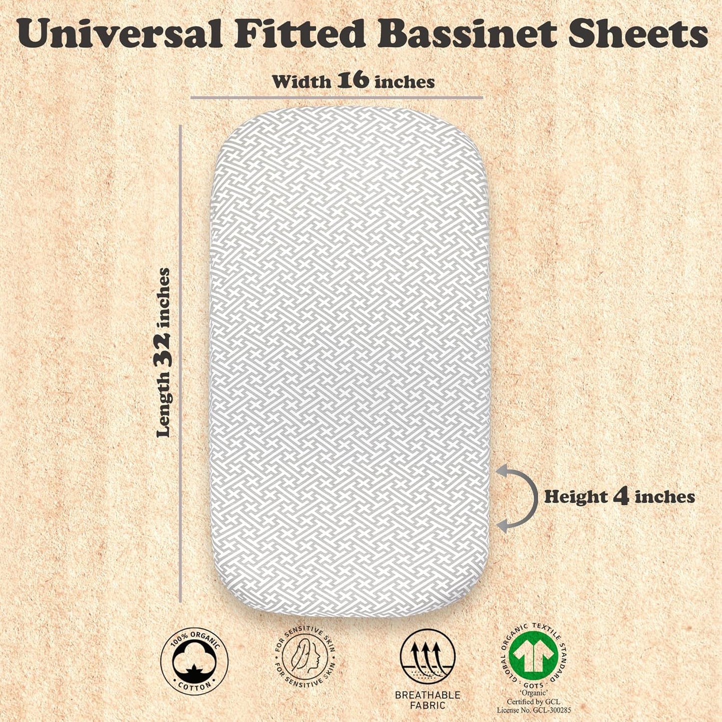 3-Pack Bedside Sleeper Bassinet Sheets | GOTS Certified Organic 100% Muslin Cotton | Ultra Soft & Breathable | 33×20×4” Fitted Sheets | Universal Fit 29–33” x 17–21” Pads