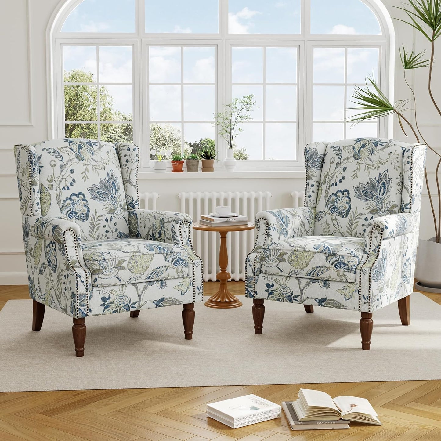 Swivel Rocker Recliner Chair, Manual Nursery Glider Recliner, Floral Fabric Wingback Accent Chair with Adjustable Backrest & Footrest for Small Spaces Living Room Bedroom (Plants Floral, Set of 1)