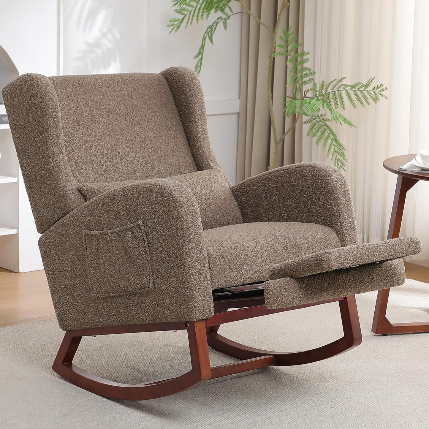 HCHAIRH Rocking Chair Nursery, Nursery Rocking Chairs with Foot Rest, Comfy Fabric Glider Rocker Nursing Chair with High Back for Nursing, Living Room, Bedroom, Beige