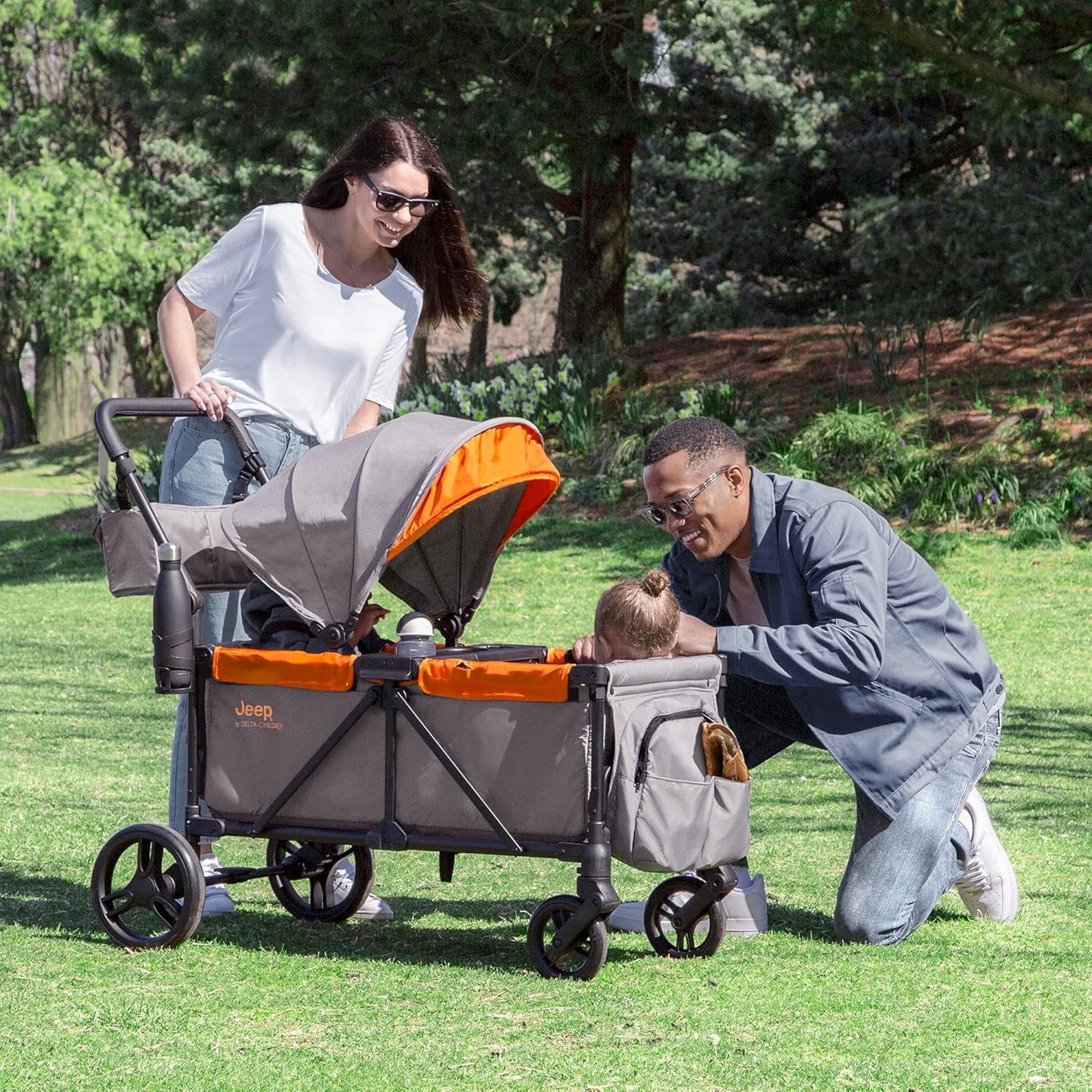Jeep Sport All-Terrain Stroller Wagon by Delta Children - Includes Canopy, Parent Organizer, Adjustable Handlebar, Snack Tray & Cup Holders, Grey/Olive Green