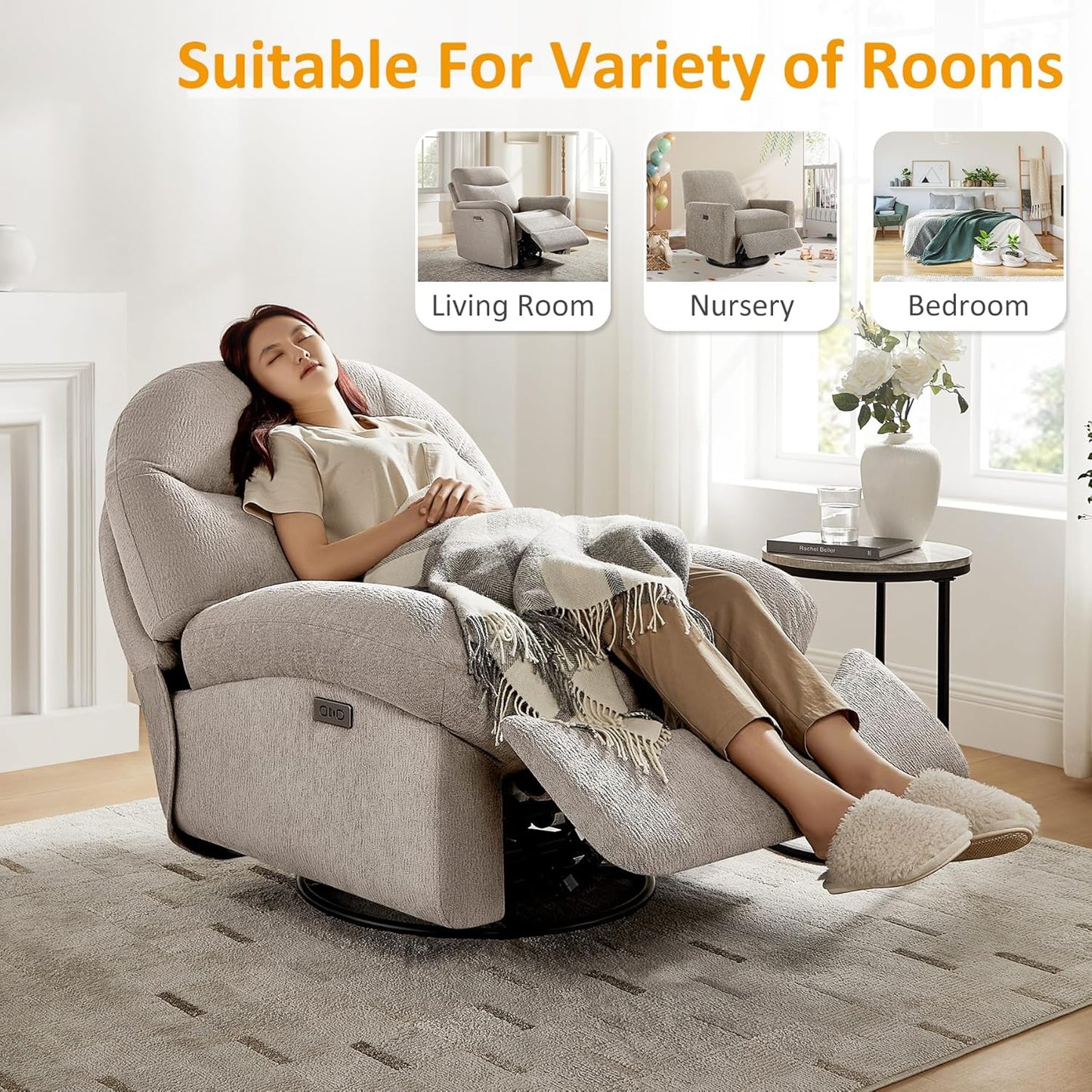 VANOMi Power Recliner Chair with USB & Type-C Charging, 270° Swivel Glider Rocker, Electric Nursery Recliner for Living Room, Bedroom, and Office, White