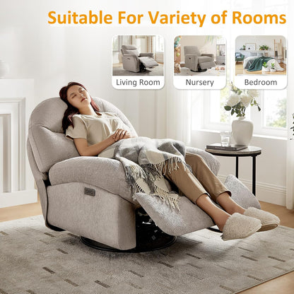 VANOMi Power Recliner Chair with USB & Type-C Charging, 270° Swivel Glider Rocker, Electric Nursery Recliner for Living Room, Bedroom, and Office, White