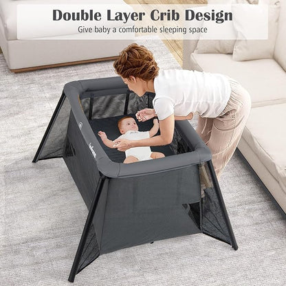 INFANS Travel Crib, Portable Baby Playpen with Removable Bassinet Soft Mattress Carry Bag, Foldable Lightweight Playard Nursery Center for Newborns Toddlers (Dark Gray)