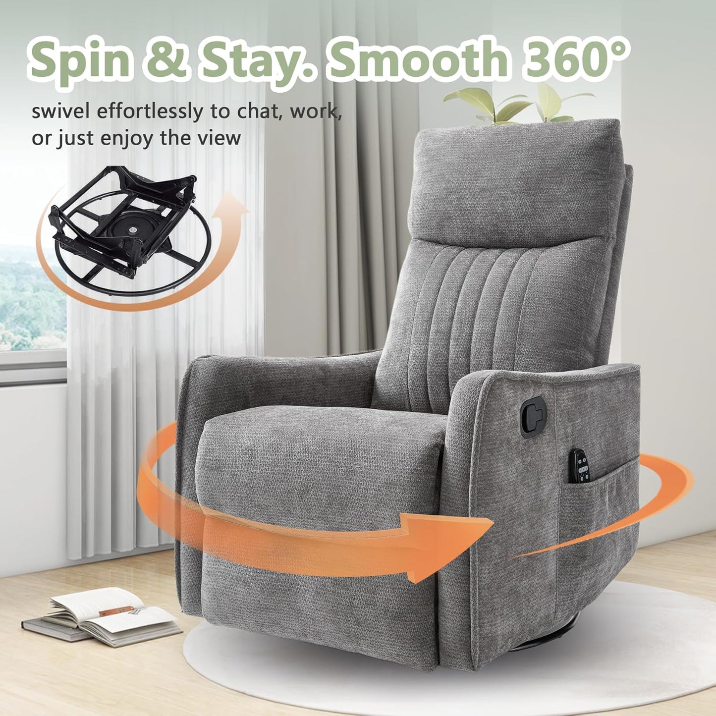 cinkehome Swivel Rocker Recliner, Glider Rocker Recliner Chair for Nursery, Manual Reclining Chair with Heated Massage, Small Spaces, Living Room, Khaki Chenille