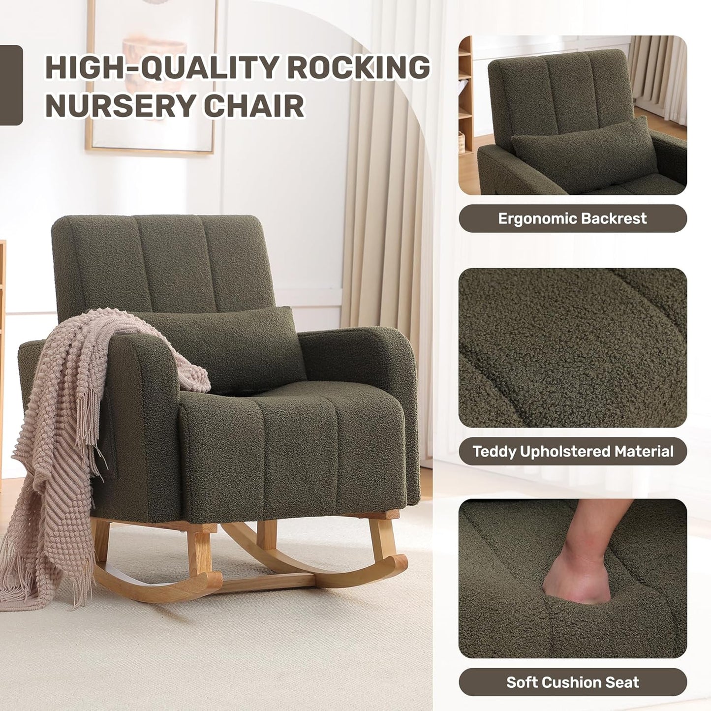 HCHAIRH Nursery Rocking Chair with Ottoman, Upholstered Glider Rocker with High Backrest Side Pocket, Rocking Accent Armchair with Solid Wood Legs for Nursery, Living Room, Bedroom, Light Grey
