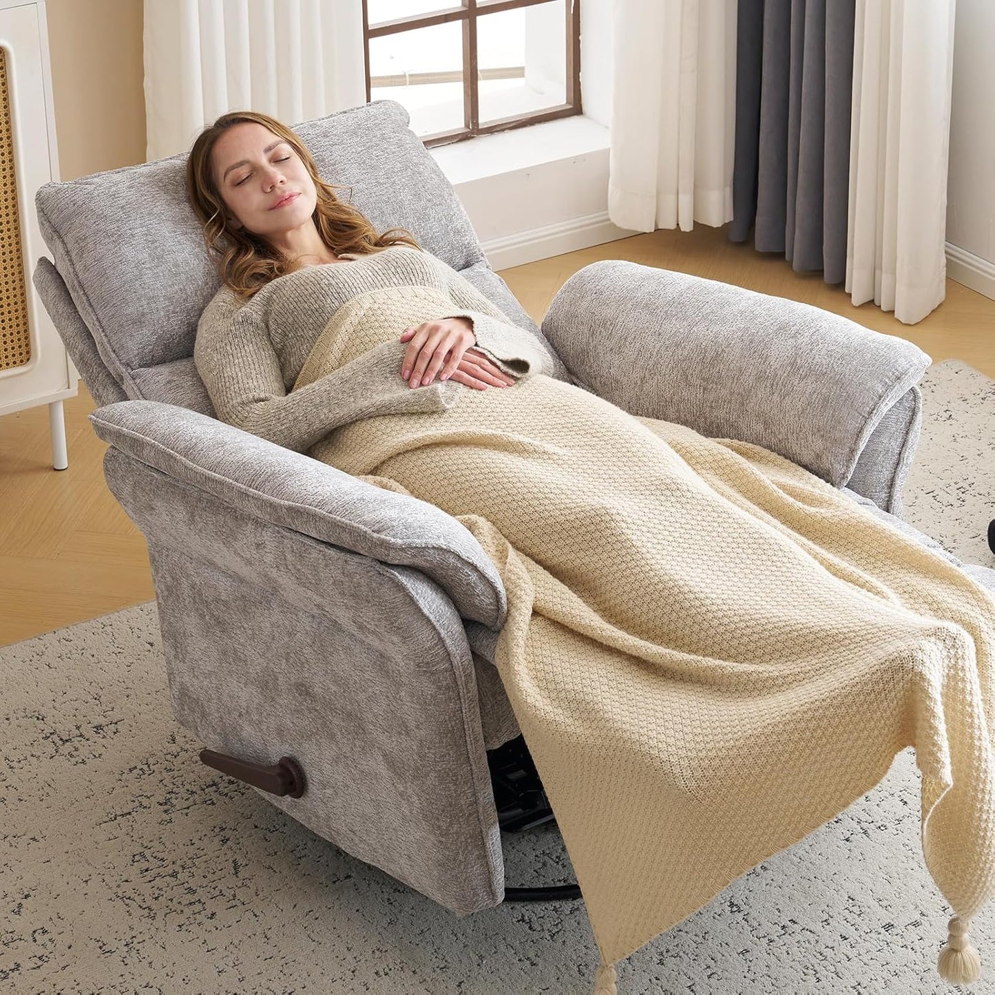Oversized Glider Rocker Recliner, 26" Extra Wide 360° Swivel Nursery Recliner with Adjustable Headrest, Chenille Rocking Nursery Chair with Overstuffed Armrest, Lumbar Support, Light Grey