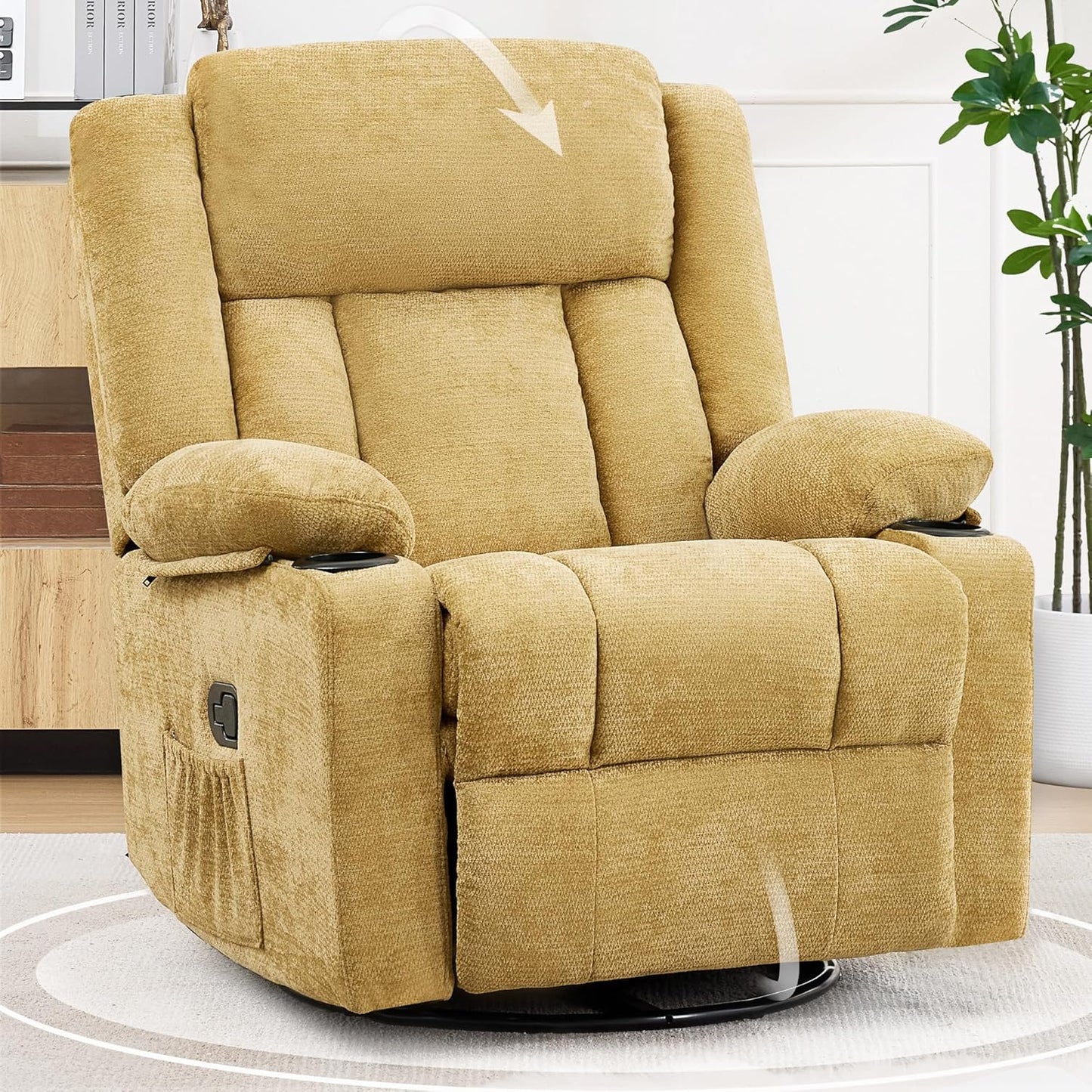 Swivel Rocker Recliner Chair, Lazy Boy Recliner with Cup Holders, 360 Degree Rotating Nursery Rocking Chair, Manual Glider Recliner for Living Room (1, Yellow)