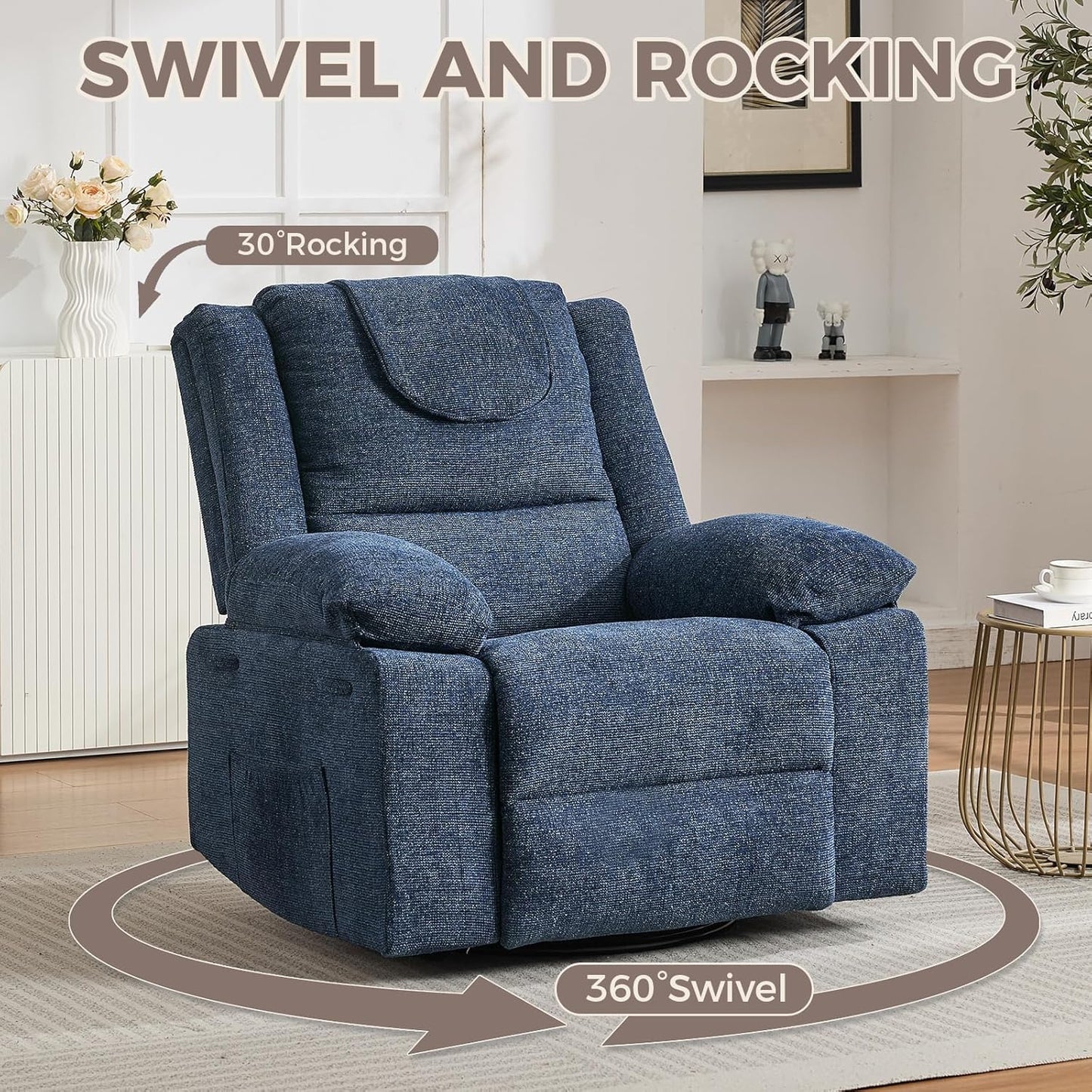 Adults Oversized Rocking Nursery Glider Recliner Chair,360° Swivel Rock Recliner Chairs Single Sofa with Vibration Massage and Heating for Living Room/Bedroom,Blue