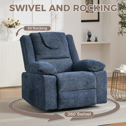 Adults Oversized Rocking Nursery Glider Recliner Chair,360° Swivel Rock Recliner Chairs Single Sofa with Vibration Massage and Heating for Living Room/Bedroom,Blue