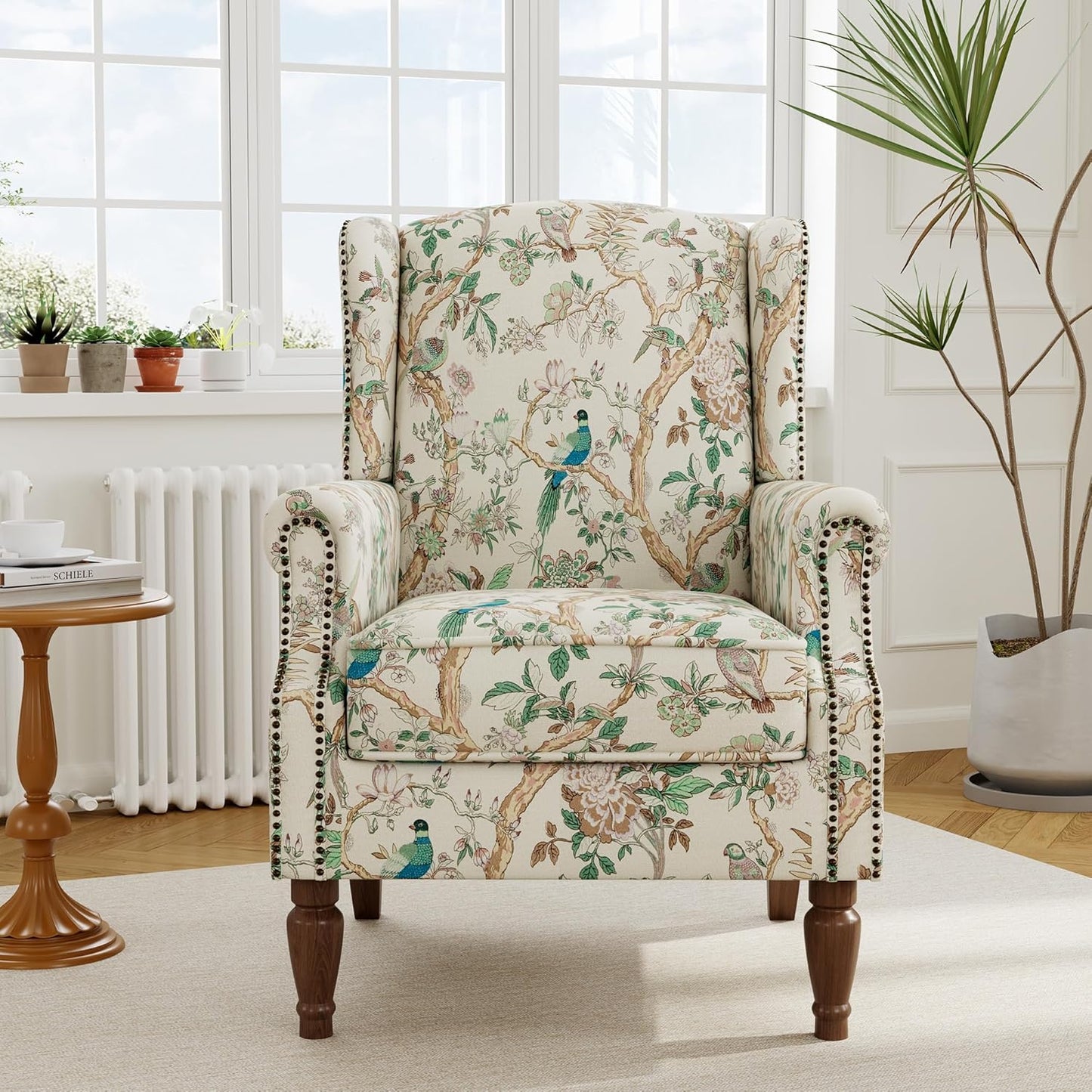 Swivel Rocker Recliner Chair, Manual Nursery Glider Recliner, Floral Fabric Wingback Accent Chair with Adjustable Backrest & Footrest for Small Spaces Living Room Bedroom (Plants Floral, Set of 1)