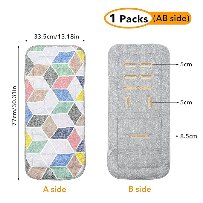 Baby Stroller Cushion,Infant Car Seat Insert-Reversible Universal Breathable and Soft Newborn seat Liner for Stroller,100% Cotton Seat Pad Liner for Newborns-34x78cm,1 Pack(Geometry + Grey)