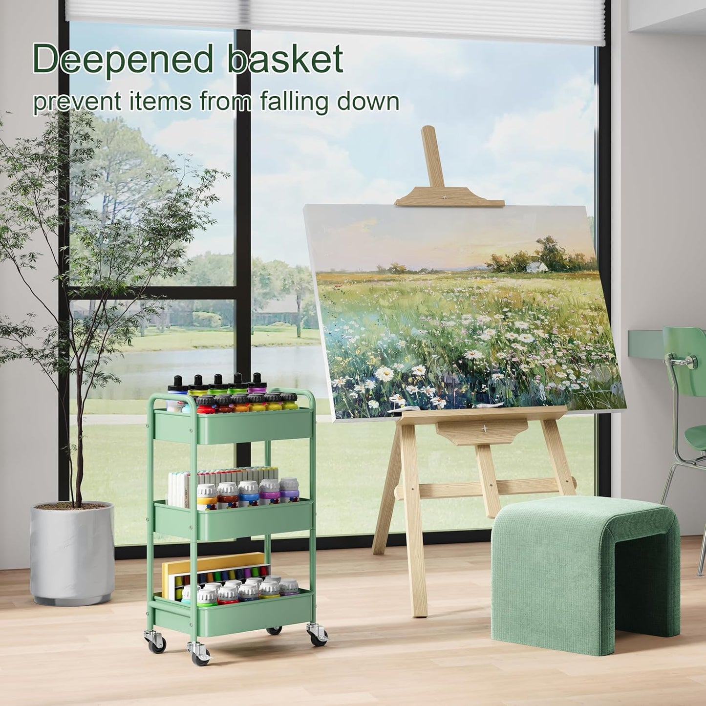 3 Tier Rolling Cart Metal with Lockable Wheels, Pink Three Tiered Diaper Caddy Cart Organizer on Wheels, Storage Utility Trolley Carts for Craft, Art, Nail, Lash, Baby Supplies, Cleaning, Mesh