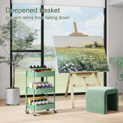 3 Tier Rolling Cart Metal with Lockable Wheels, Pink Three Tiered Diaper Caddy Cart Organizer on Wheels, Storage Utility Trolley Carts for Craft, Art, Nail, Lash, Baby Supplies, Cleaning, Mesh