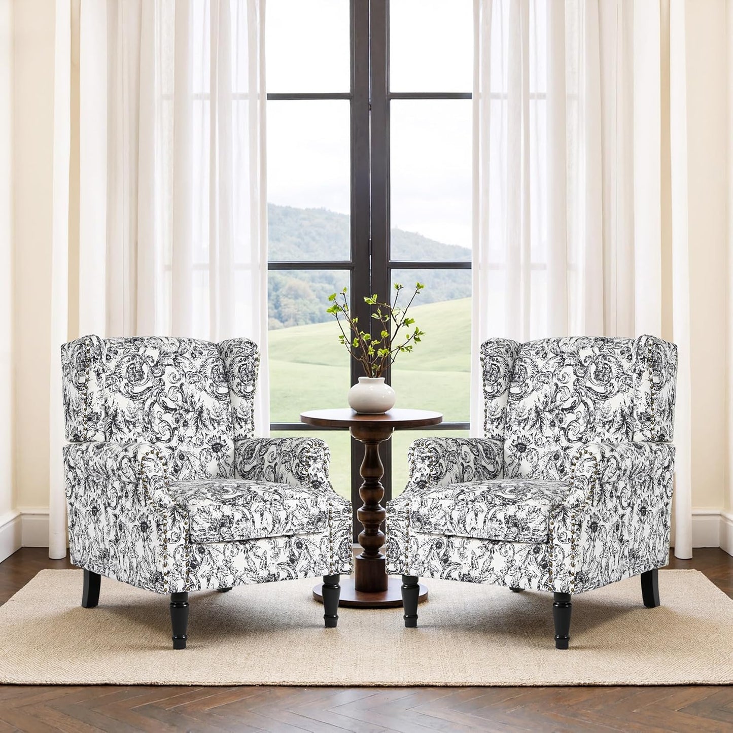 Swivel Rocker Recliner Chair, Manual Nursery Glider Recliner, Floral Fabric Wingback Accent Chair with Adjustable Backrest & Footrest for Small Spaces Living Room Bedroom (Plants Floral, Set of 1)